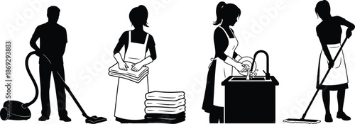 Housekeeping and cleaning service silhouette vector illustration, people vacuuming mopping washing dishes and folding laundry, black and white domestic work design