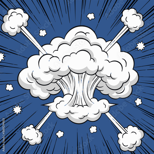 Explosion cloud with debris fragments in comic style illustration