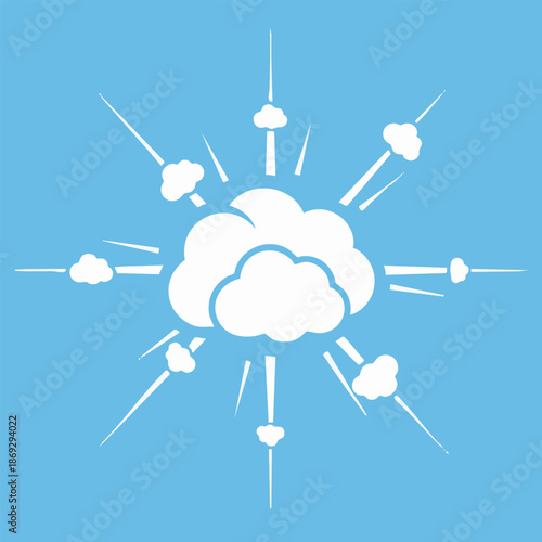 Cloudy weather illustration with sun rays and clouds on a blue background