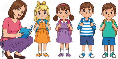 Teacher reading with school children vector illustration showing happy students with backpacks education learning classroom concept colorful cartoon style design