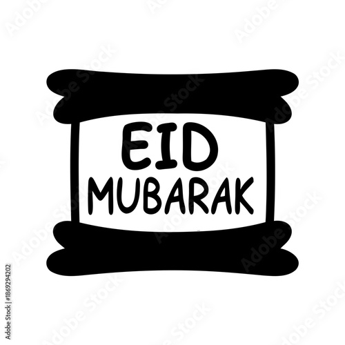 Eid Mubarak greeting in a black cartoonish frame, simple holiday image