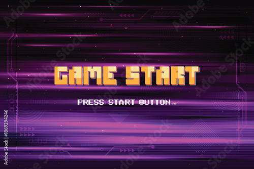 GAME START. pixel art 8 bit on Abstract Lens flare light special effect Background. Retro Video Game Background, circuit technology background design. UI, HUD