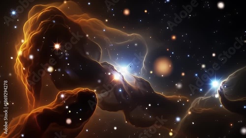 Vast Cosmic Nebula Glows With Fiery Orange Hues And Twinkling Star Clusters In Deep Space With Brilliant Blue Light Shining Through Dense Gas Clouds 