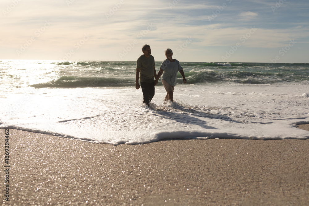 Fototapeta premium Happy senior multiracial couple enjoying retirement in waves on shore at beach against sky