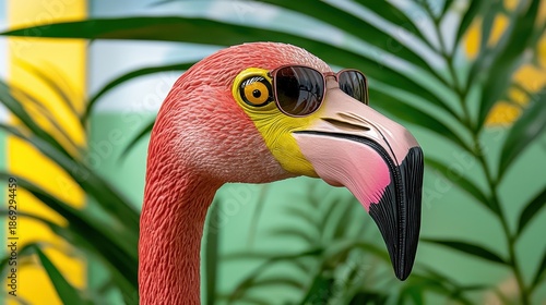 Pink Flamingo in Sunglasses Against Tropical Greenery