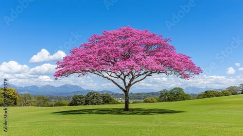 Pink Flowering Tree in Green Field Under Blue Sky