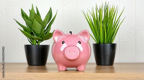 Pink Piggy Bank Between Potted Plants on Wooden Table