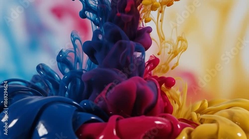 Close-up of vibrant paint mixing, with blue, red, and yellow swirls, creating abstract forms