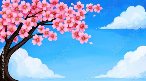 Pixel Art of Blooming Pink Cherry Blossom Tree With Blue Sky and