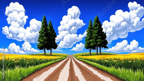 Pixel Art of Dirt Road Through Golden Field to Green Trees Under Blue