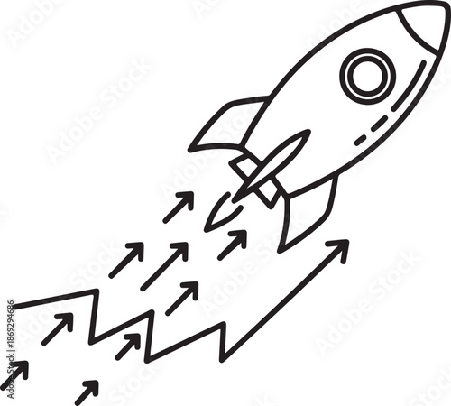 A minimalist black and white line-art vector featuring a rocket ship launching diagonally, trailing multiple upward arrows and a jagged growth line, symbolizing rapid progress.