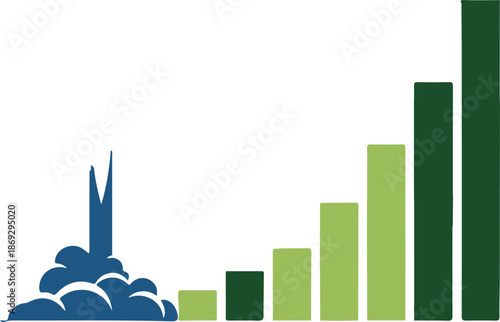 A colorful flat vector illustration featuring a blue cloud of exhaust at the base of a green bar graph with ascending heights, symbolizing a powerful financial launch or rapid market growth.
