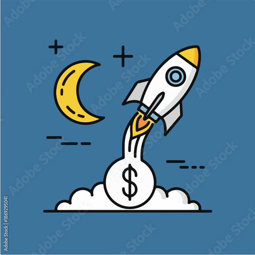 A vibrant vector illustration showing a rocket ship launching from a dollar sign base into a night sky with a crescent moon, symbolizing rapid financial growth and market success.
