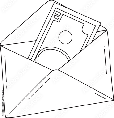 A minimalist line-art vector icon set featuring an open envelope with a dollar bill inside, symbolizing mail-in payments, financial correspondence, or a cash gift.