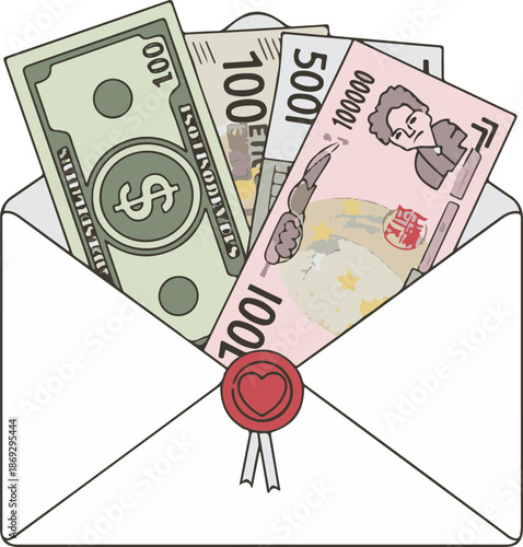 A detailed vector illustration of an open white envelope sealed with a red heart wax stamp, filled with various international banknotes including US dollars and Japanese yen.
