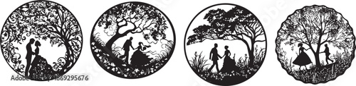 Eternal bond illustration: Silhouettes of a couple create a romantic scene in an illustration style, each framed in a circular design that evokes the beauty of connection and togetherness.