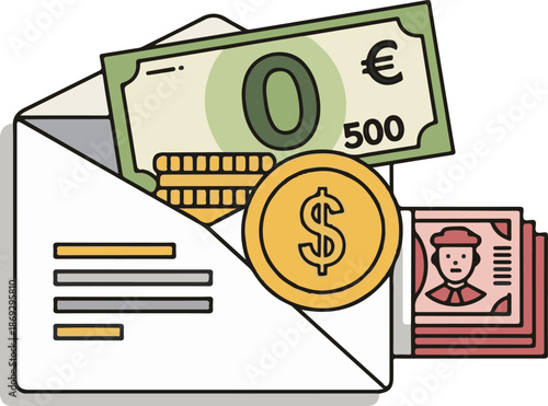 A detailed vector illustration of a white envelope containing a 500 Euro bill, a gold dollar coin, and a stack of red banknotes, representing international payments and diverse currency.