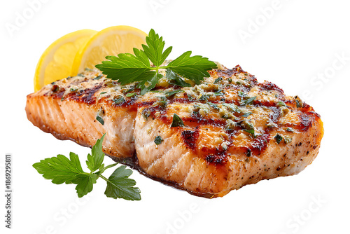 Perfectly Grilled Salmon Fillet with Lemon Slice and Fresh Herbs, isolated on a transparent background.