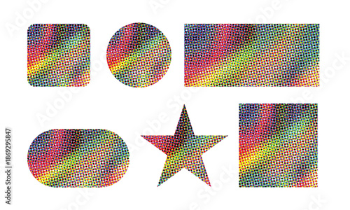 A collection of colorful geometric shapes with rainbow patterns arranged on a white background