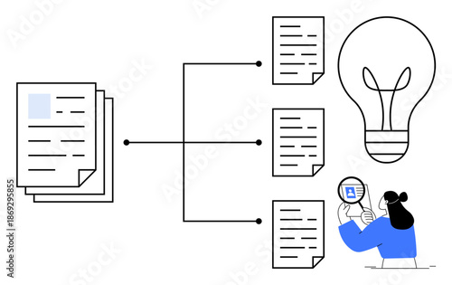 Data organization. Diagram with connected documents, light bulb ideas, and person analyzing files. Data organization for research, innovation, workflow, and information system concepts