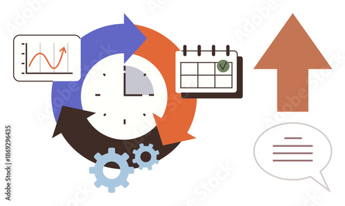 Time management, productivity, project planning, goal tracking, workflow optimization, business growth. Clock surrounded by arrows, calendar graph speech bubble and upward arrow. Time management