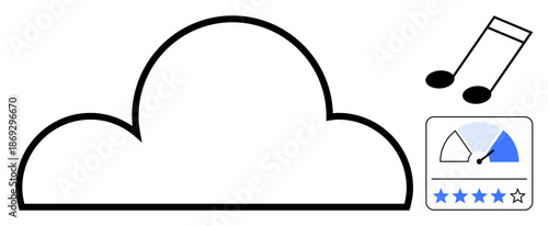 Cloud music is the focus of this image, music notes, cloud storage, playback controls, and a performance rating. Cloud music offers on-demand streaming and storage. Ideal for streaming services
