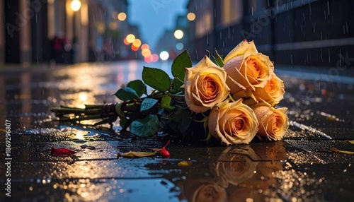 A bouquet of roses lies on wet pavement in a rainy urban setting