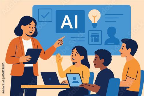 Story-based vector of a teacher using AI tools to guide diverse students in a digital classroom, optimistic future education