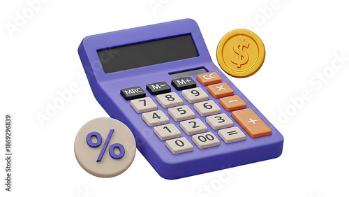 3D Calculator with Coin and Percentage Symbols