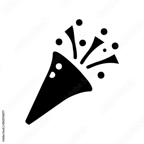 Black silhouette of a party popper exploding with confetti, creating celebratory vibe