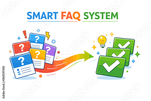 Smart faq system concept with colorful icons and solution indicators