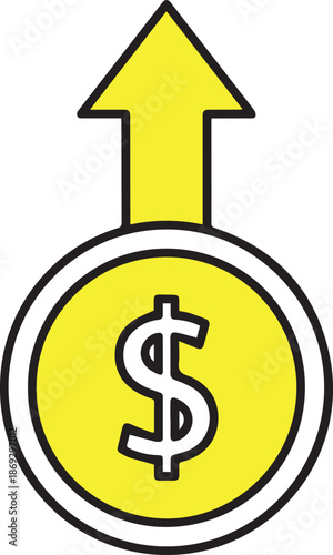 A flat vector icon of a bright yellow gold coin featuring a black dollar sign, with a bold yellow arrow pointing upwards, representing a rise in value or financial profit.