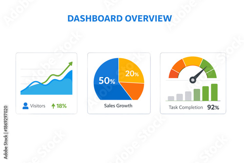 Dashboard overview with graphs showing visitor increase, sales growth, and task completion indicator