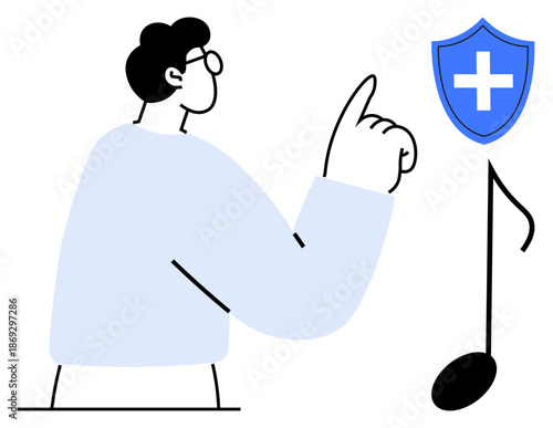Health and wellness, music therapy, creative healing, protection, safety, conceptual art. A person pointing upwards toward a shield with a cross and a musical note. Health and wellness and music