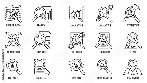A collection of line icons representing data analysis and insights with magnifying glass, charts, and documents on a white background