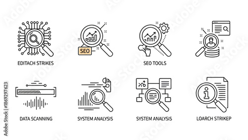 System analysis and data scanning icons representing SEO tools and research