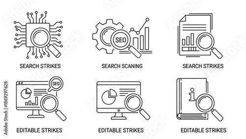 Magnifying icons overlaid on computer screens and documents symbolizing search and editing functions in a modern digital workspace