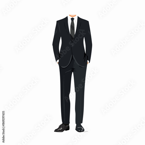 Elegant Black Suit with Tie and Shoes on White Background.