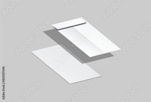 DL envelope mockup with blank paper mockup on neutral background, clean stationery composition for corporate branding, business correspondence, mailing design, invitation layout, print presentation	