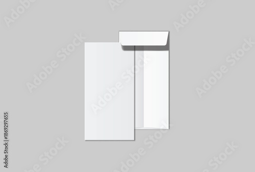 DL envelope mockup with blank paper mockup on neutral background, clean stationery composition for corporate branding, business correspondence, mailing design, invitation layout, print presentation	