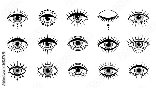 Stylized Eye Vector Set – Unique Ornamental Designs with Lashes, Symbols, and Expressions for Artistic Inspiration, Visual Storytelling, and Creative Design Projects