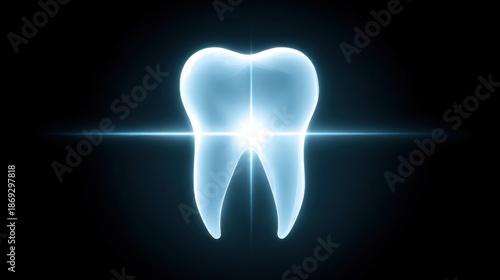 A glowing 3D tooth model emits bright blue light against a dark background, ideal for dental care, clinic visuals,