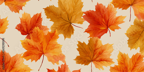 A vibrant pattern of autumn leaves in various shades of orange, red, and yellow against a light background.
