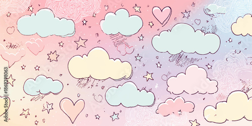 A whimsical pastel background featuring fluffy clouds, stars, and hearts scattered across a gradient sky.