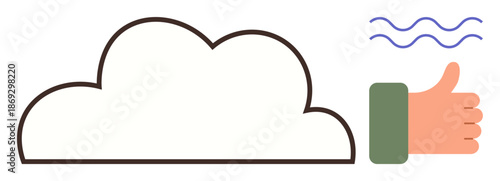 Weather concept, cloud storage, positivity, approval, digital communication, abstract symbols. Cloud outline, hand showing thumbs up and wavy lines. Weather concept and cloud storage visual