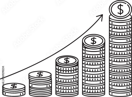 A black and white line-art vector showing five rising stacks of dollar coins with an upward arrow, symbolizing financial growth, profit accumulation, and successful long-term investing.