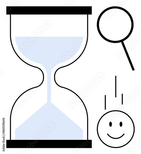 Time management concept. Hourglass time combined with magnifying glass and happy face. Time management for productivity and task efficiency. Suitable for workflows, analysis, productivity strategies