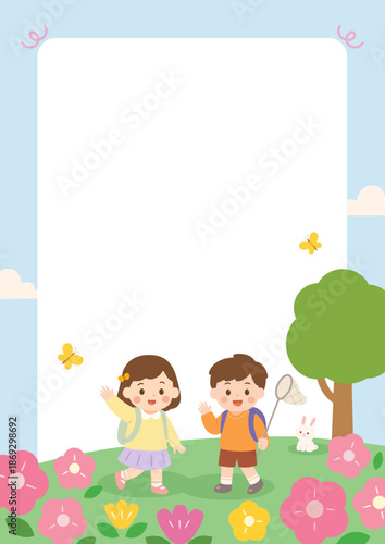귀여운 어린이 봄소풍 일러스트 배경 유치원, 학원, 초등학교  가정통신문 안내장, 어린이날