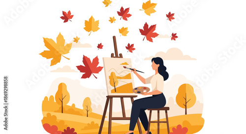 Illustration of artist painting an autumn landscape with falling leaves around her, creative hobby and seasonal inspiration