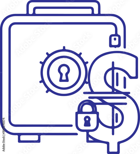 A blue line-art vector icon featuring a bank safe with a combination dial, a large dollar sign, and a padlock, representing financial security, banking, and wealth protection.